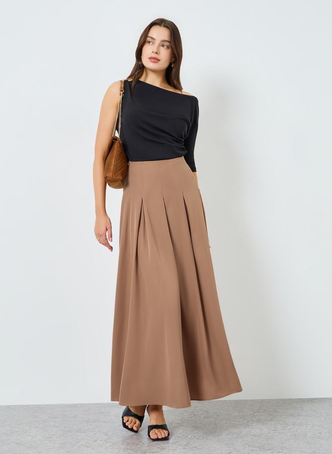 Styli Women Beige Pleated A-Line Maxi Skirt - Image 1